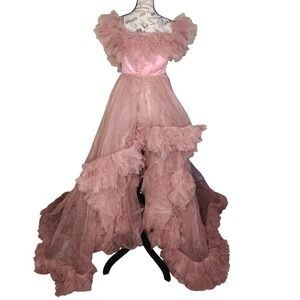 Blush Pink Tulle High-Low Gown | Off-Shoulder Ruffle | Made-to-Order Dress